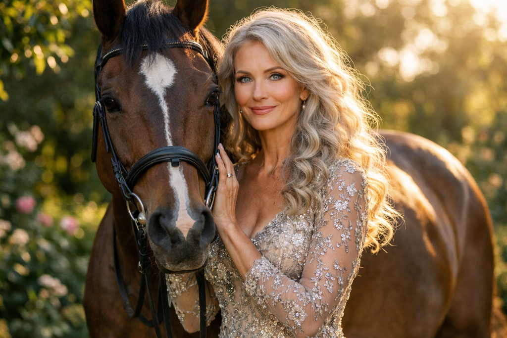 Blonde woman in a decorative dress standing beside a brown horse with a white mark on its face