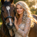 Blonde woman in a decorative dress standing beside a brown horse with a white mark on its face