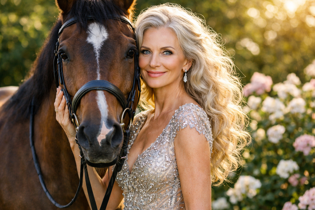 A woman in an ornate dress smiling next to a brown horse with a white stripe on its face.