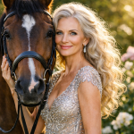 A woman in an ornate dress smiling next to a brown horse with a white stripe on its face.