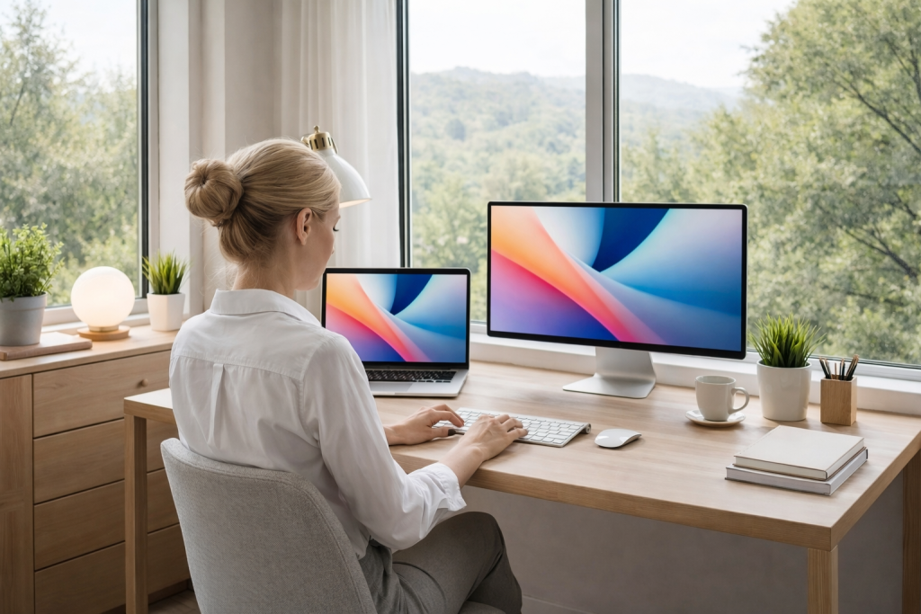 Woman sitting at desk typing on keyboard with laptop and large monitor in front of window