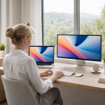 Woman sitting at desk typing on keyboard with laptop and large monitor in front of window