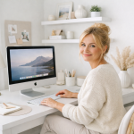 Smiling woman sitting at a white desk typing on a keyboard with a desktop computer in a bright room