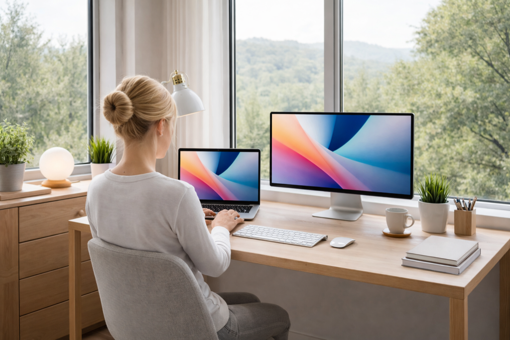 Blonde woman working on laptop with an additional monitor at a tidy wooden desk by large windows
