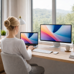 Blonde woman working on laptop with an additional monitor at a tidy wooden desk by large windows