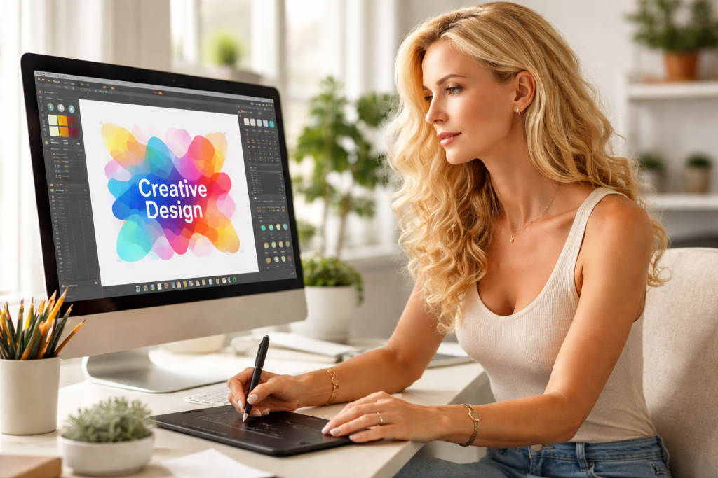 Blonde woman using a drawing tablet and computer for creative design work