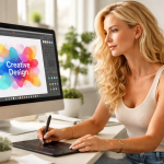 Blonde woman using a drawing tablet and computer for creative design work