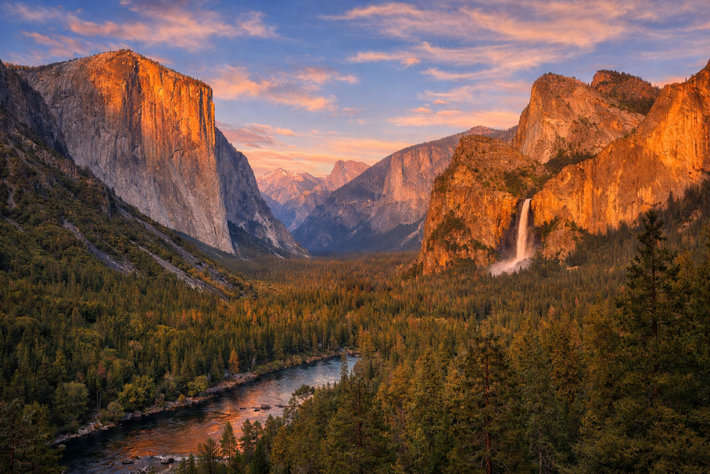 Sunset over Yosemite Valley showing El Capitan on the left and Bridalveil Fall on the right with forest and river below