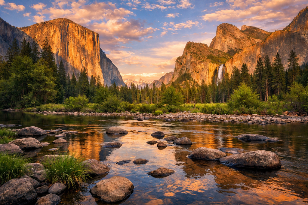 Sunset over Yosemite Valley with El Capitan, a waterfall, and river reflecting the colorful sky.