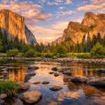 Sunset over Yosemite Valley with El Capitan, a waterfall, and river reflecting the colorful sky.